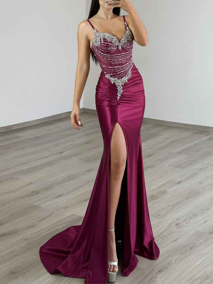 Gold Satin Prom Dress With Beaded Corset Bodice And Side Slit