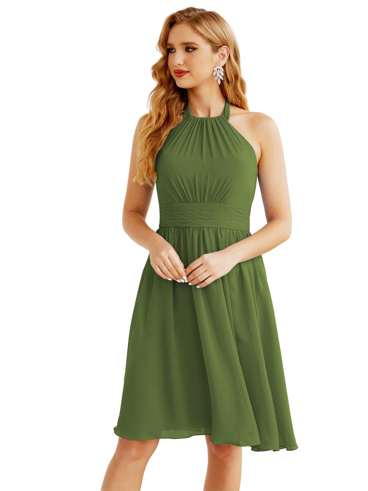 Halter Chiffon Bridesmaid Dresses Short Sleeveless Formal Party Dress Open Back 28023