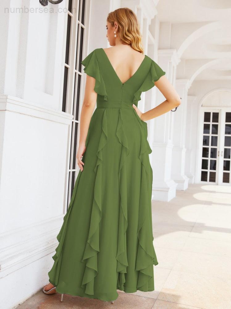 Ruffled Bridesmaid Dresses with Sleeves Long Formal Party Dress 28041