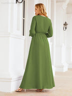 Vestito da damigella d'onore in chiffon da donna Numbersea, linea a trapezio, maniche lunghe, abito lungo formale da sera per ospite di matrimonio 28032