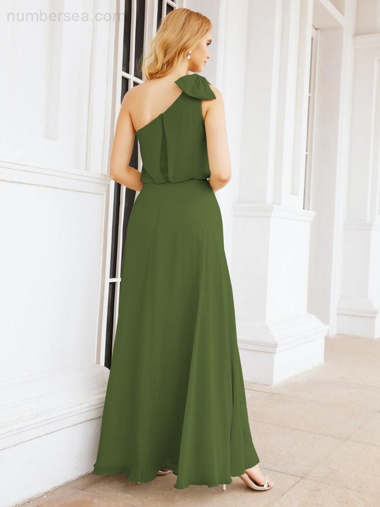 Chiffon Ruffled One Shoulder Sleeveless Long Bride Dresses A-line Formal Evening Gown Side Split 28057