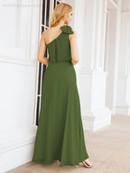 Chiffon Ruffled One Shoulder Sleeveless Long Bride Dresses A-line Formal Evening Gown Side Split 28057