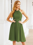 Halter Chiffon Bridesmaid Dresses Short Sleeveless Formal Party Dress Open Back 28023