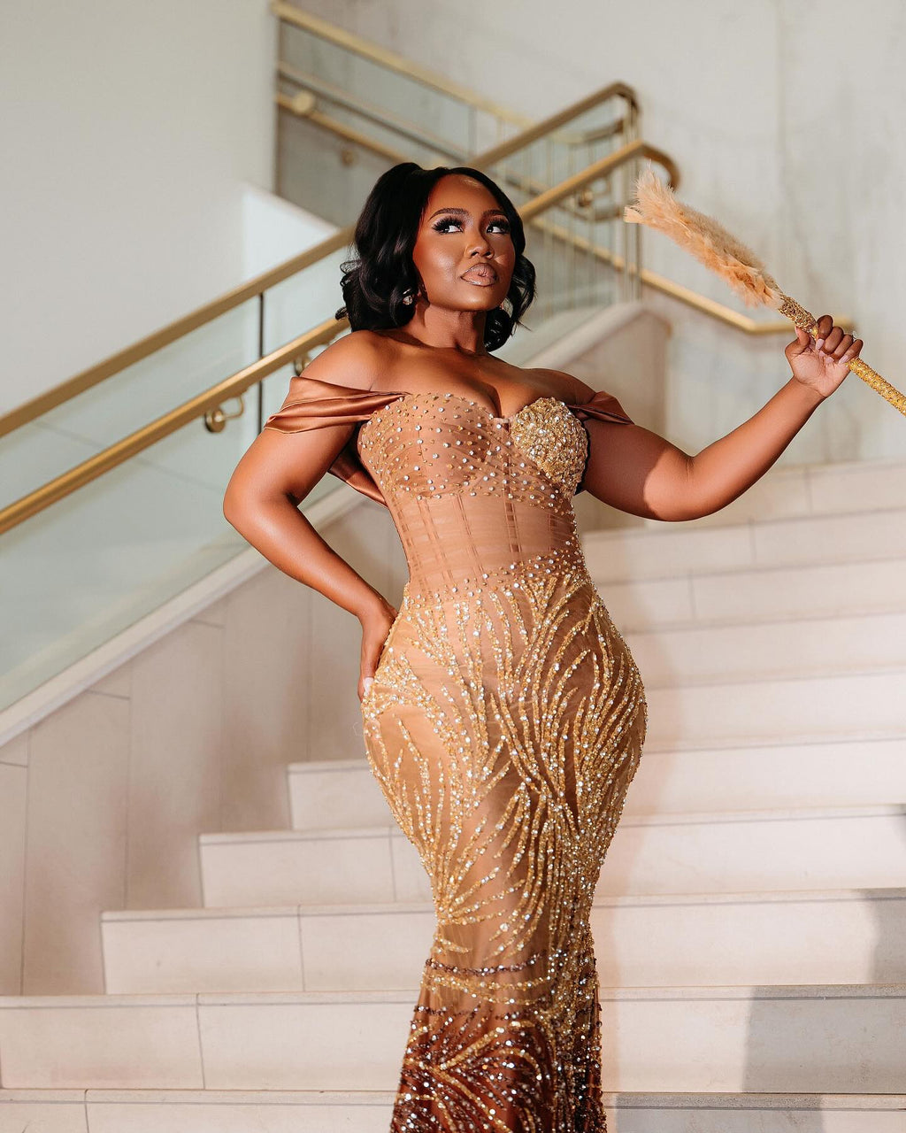 Golden Sunset Ombre Beaded Mermaid Prom Dress With Feather Trim