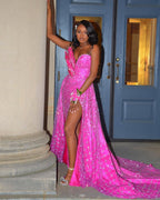 Hot Pink Sequined Prom Dress One Shoulder High Slit Mermaid Gown