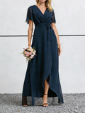 Navy Blue Chiffon V-Neck Maxi Dress with Flutter Sleeves & High-Low Hem