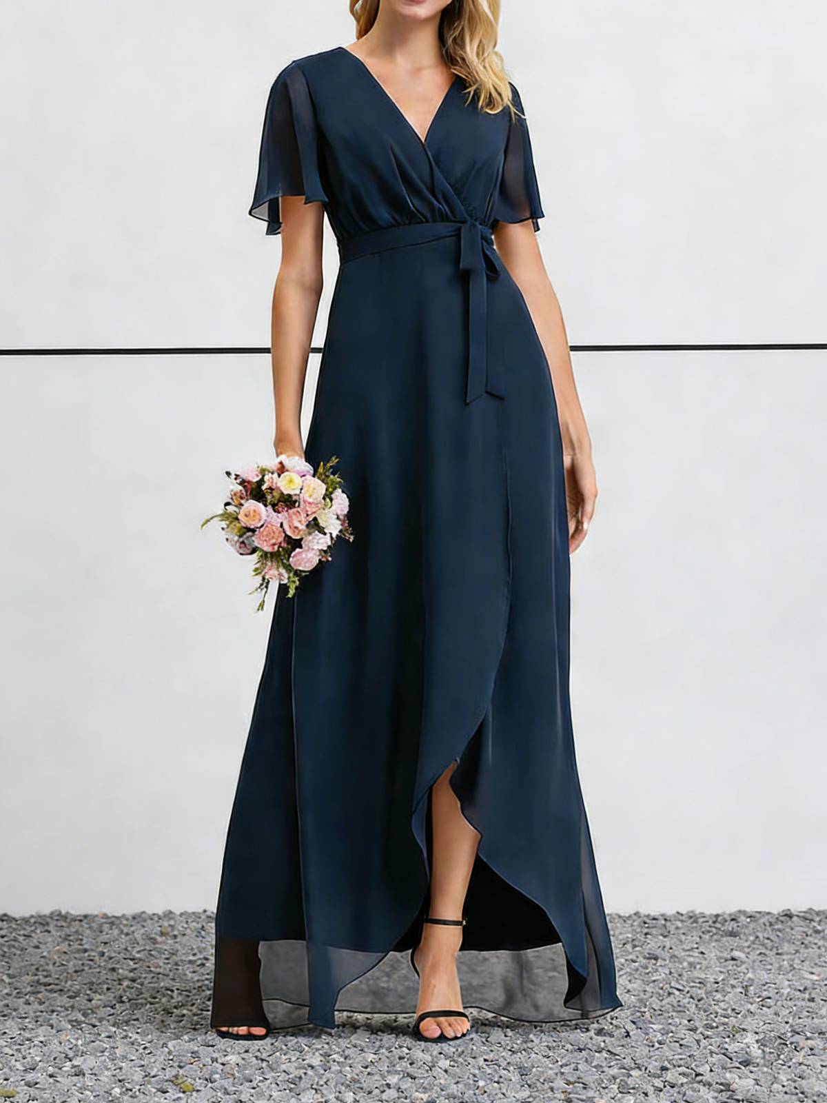Navy Blue Chiffon V-Neck Maxi Dress with Flutter Sleeves & High-Low Hem