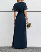 Navy Blue Chiffon V-Neck Maxi Dress with Flutter Sleeves & High-Low Hem
