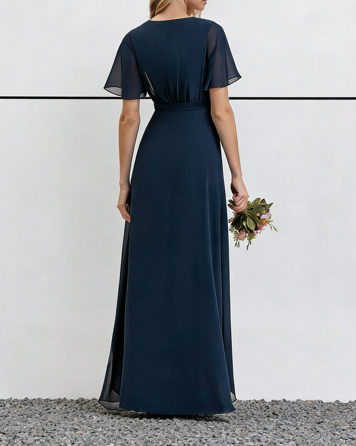 Navy Blue Chiffon V-Neck Maxi Dress with Flutter Sleeves & High-Low Hem