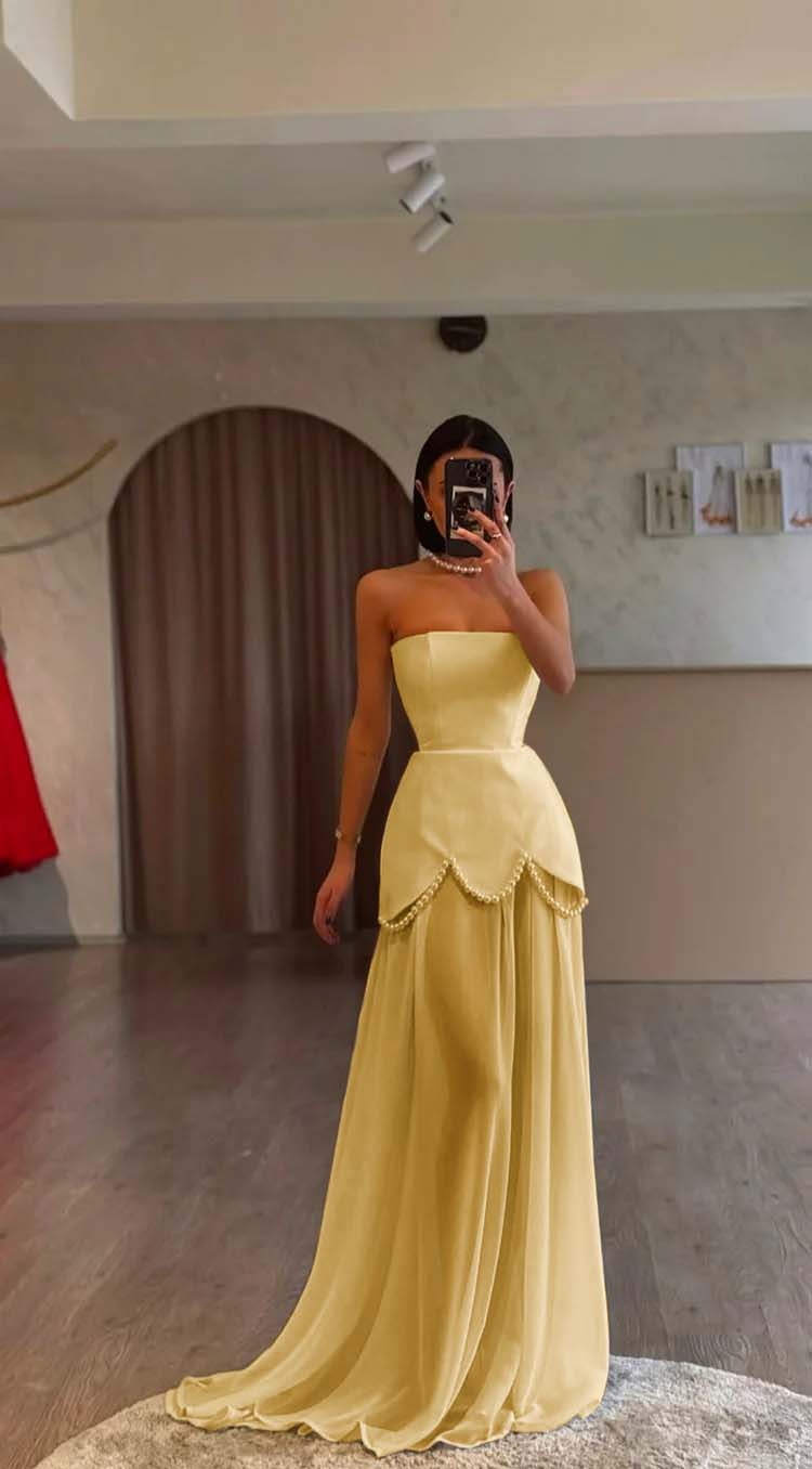 White Strapless Pleated Beaded Long Prom Dress With Custom Colors And Sizes