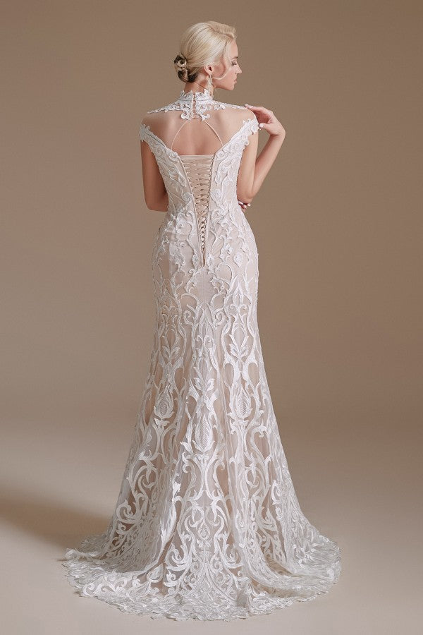 Sexy Lace Mermaid Wedding Dress With High Neck And Long Sleeves