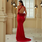 Vestido de Noite para Mulheres em Formato de Bainha com Decote Halter, Costas Nuas e Cauda de Peixe – Pequeno com Rasto