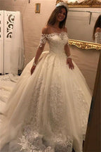 Long Sleeves Off The Shoulder Ball Gown Wedding Dress With Lace Appliques