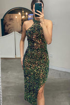 Elegante abito corto da festa a sirena con paillettes e collo all'americana con spacco
