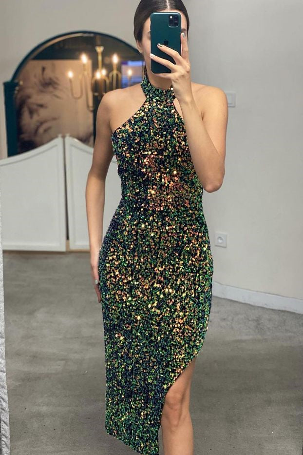 Elegante abito corto da festa a sirena con paillettes e collo all'americana con spacco