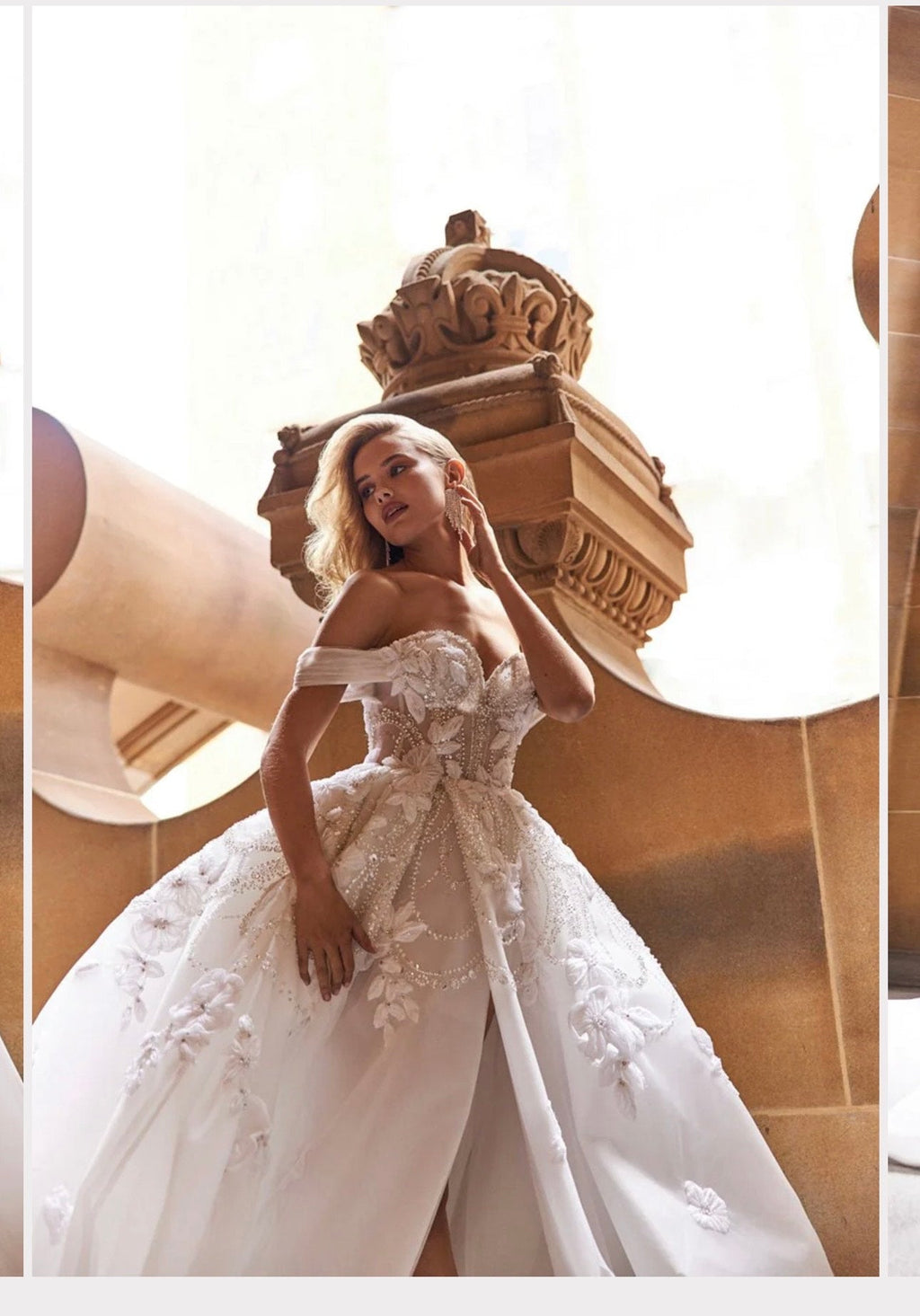 Vestido de novia largo con hombros descubiertos, apliques de lentejuelas y encaje con abertura