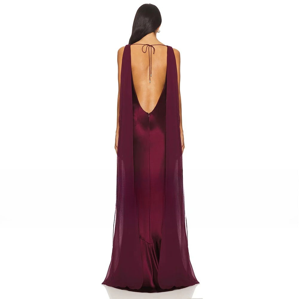 Burgundy Mermaid Women's Evening Gown Boat Neck Evening Dress For Wedding Sleeveless Long Backless Formal Dress