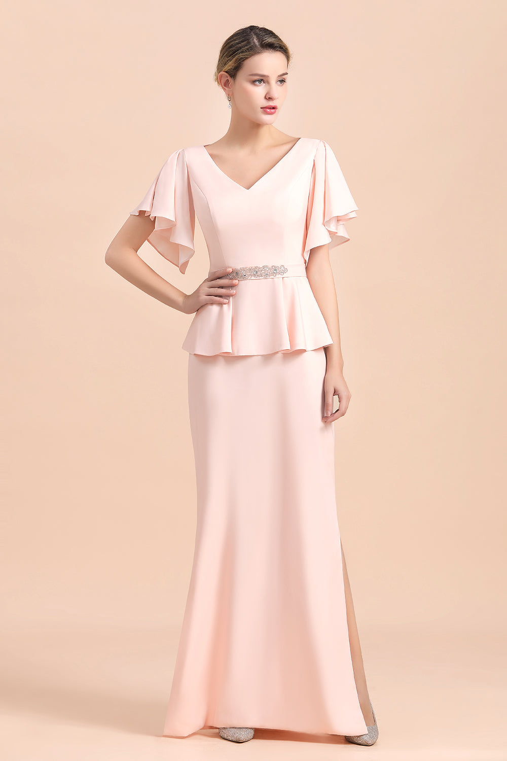 BMbridal Glamorous V-Neck Front Slit Mother of Bride Dresses with Beadings Sash