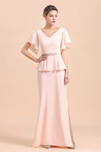 BMbridal Glamorous V-Neck Front Slit Mother of Bride Dresses with Beadings Sash