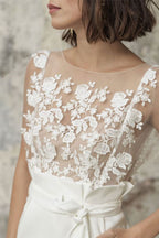 Bateau Neckline Short Applique Wedding Dress With Belt Pocket
