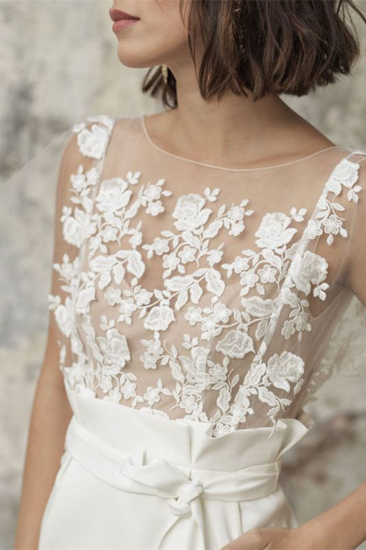 Bateau Neckline Short Applique Wedding Dress With Belt Pocket