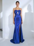 Royal Blue Strapless Satin Mermaid Evening Dress | Cutout Prom Gown with Slit