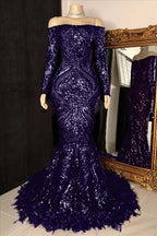Custom Made Burgundy Sequin Mermaid Prom Dress With Long Sleeves And Feathers