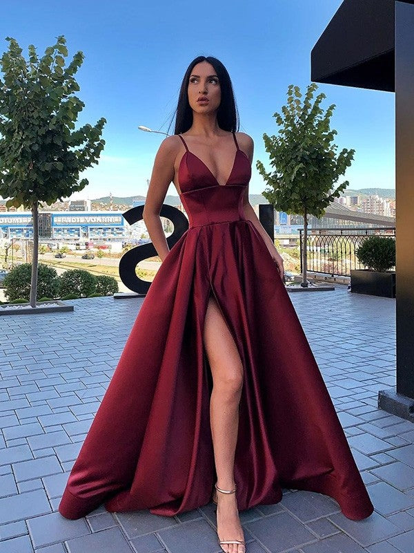 Elegante abito lungo a linea ad A con scollo a V, spacco frontale, in raso, da cerimonia con tasche