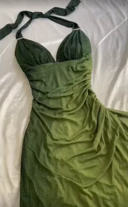 Robe longue de bal en mousseline verte dégradée à col en V et dos nu, robe de soirée pour fête Y7484