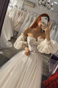 Elegant Long Sleeve Tulle A Line Off Shoulder Wedding Dress With Appliques