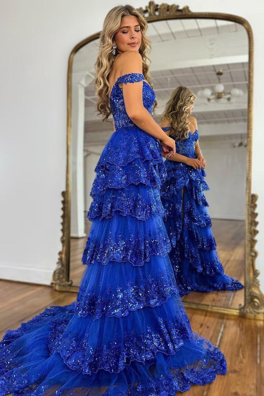Vestidos de fiesta largos de tul con encaje en capas y brillo 2025 con tirantes finos, corsé formal y abertura