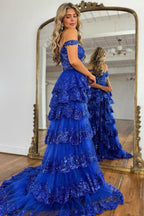 Vestidos de fiesta largos de tul con encaje en capas y brillo 2025 con tirantes finos, corsé formal y abertura