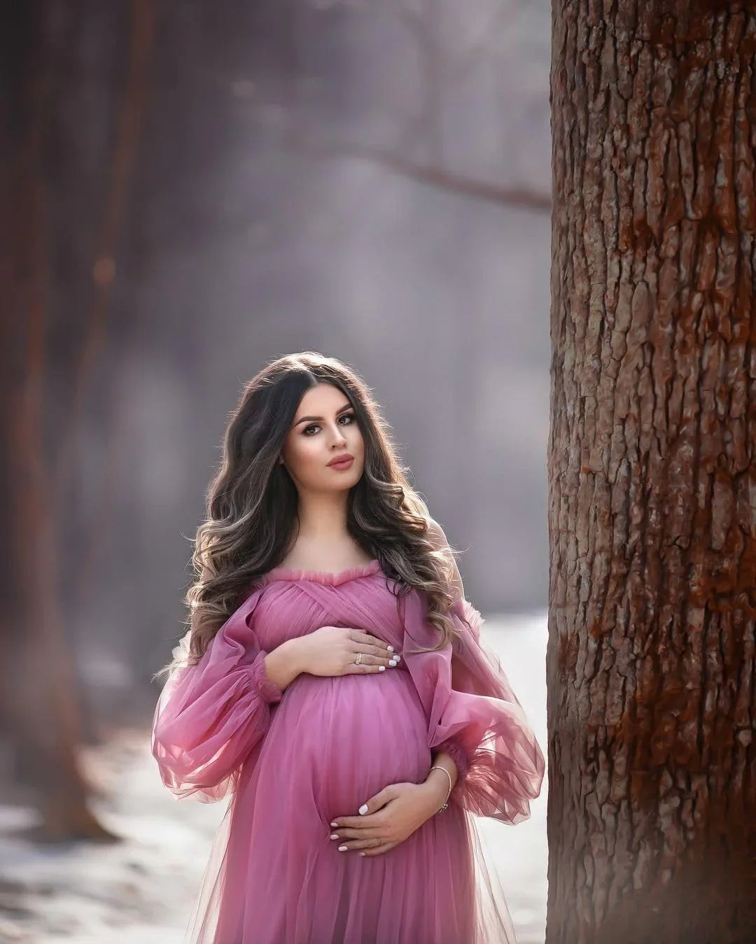Puffy Sleeve Maternity Dress Tulle Robe for Photoshoot Off Shoulder Pregnancy Baby Shower Gown