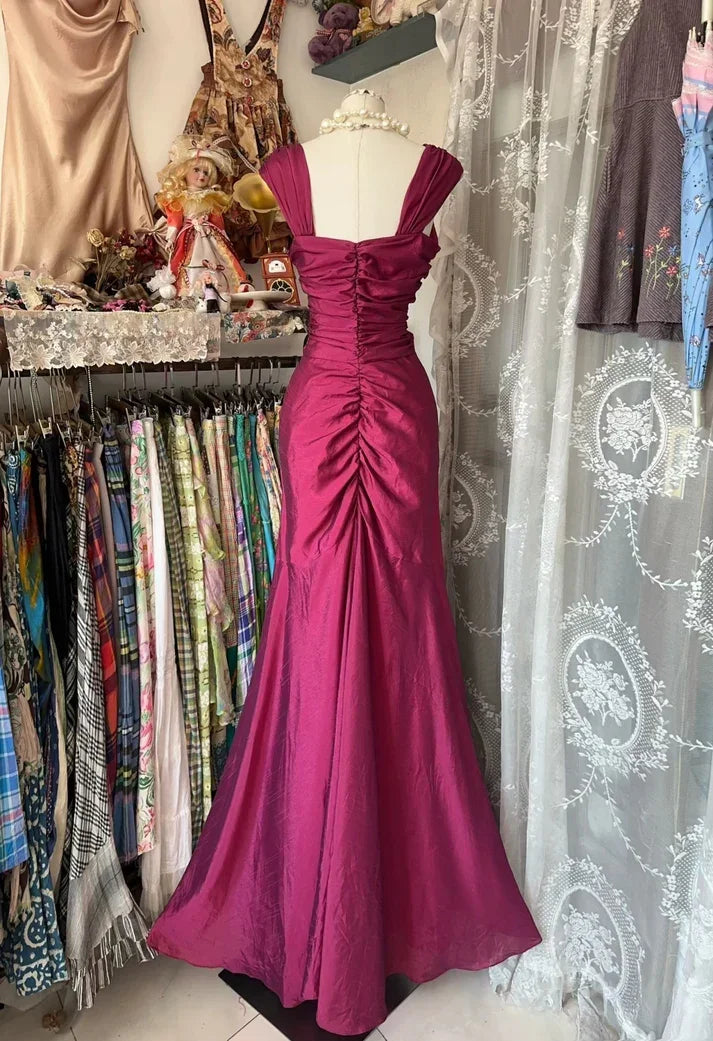 Vestido de Baile Elegante em Cetim com Franzidos, Modelo Sereia, Vestido de Noite Cor-de-Rosa Y8161