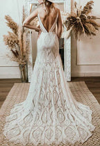 Womens Beach Wedding Dress Vintage Lace Bohemian Bridal Gown With Long Sleeves
