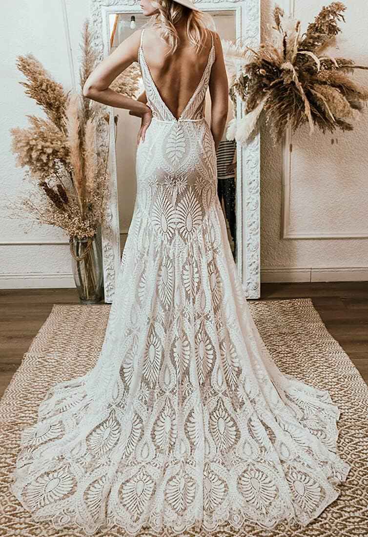 Womens Beach Wedding Dress Vintage Lace Bohemian Bridal Gown With Long Sleeves