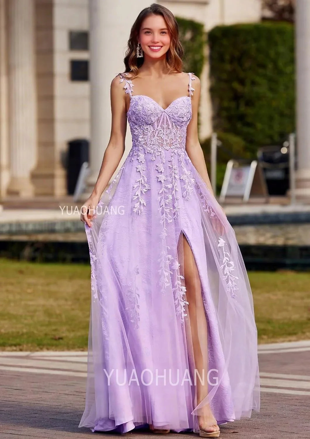 Vestidos de fiesta de tul con aplicaciones de encaje para mujer 2025, vestido de gala con tirantes finos, vestido formal de noche con abertura
