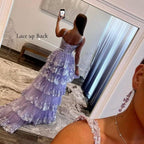 Vestidos de fiesta largos de tul con encaje en capas y brillo 2025 con tirantes finos, corsé formal y abertura