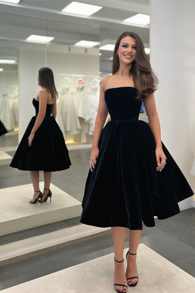 Robe de bal noire élégante, courte, sans bretelles ni manches, en velours, longueur thé