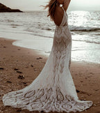 Womens Beach Wedding Dress Vintage Lace Bohemian Bridal Gown With Long Sleeves