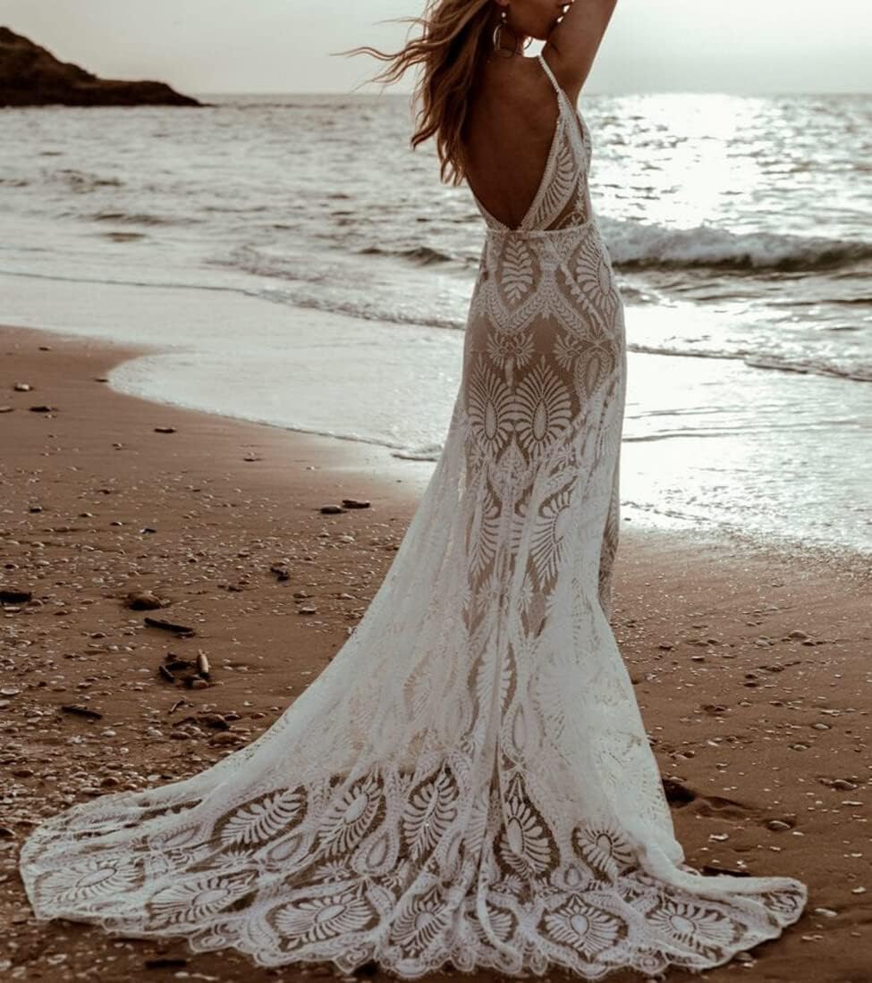 Womens Beach Wedding Dress Vintage Lace Bohemian Bridal Gown With Long Sleeves