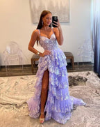 Vestidos de fiesta largos de tul con encaje en capas y brillo 2025 con tirantes finos, corsé formal y abertura