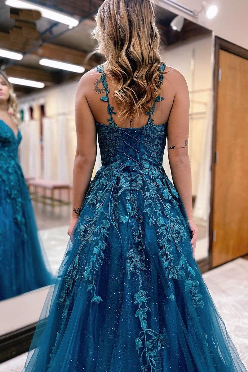 Vestido largo de gala con tul brillante y encaje floral, escote en V, vestido formal de noche, vestido largo de fiesta