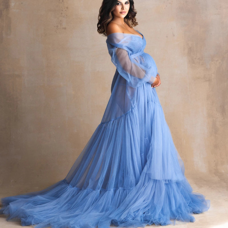 Fluffy Blue Ruffle Tulle Maternity Dress for Photoshoot Off Shoulder Pregnancy Photography Dress Maternity Gown Robes with Sash