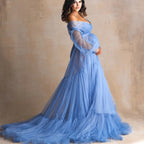 Fluffy Blue Ruffle Tulle Maternity Dress for Photoshoot Off Shoulder Pregnancy Photography Dress Maternity Gown Robes with Sash