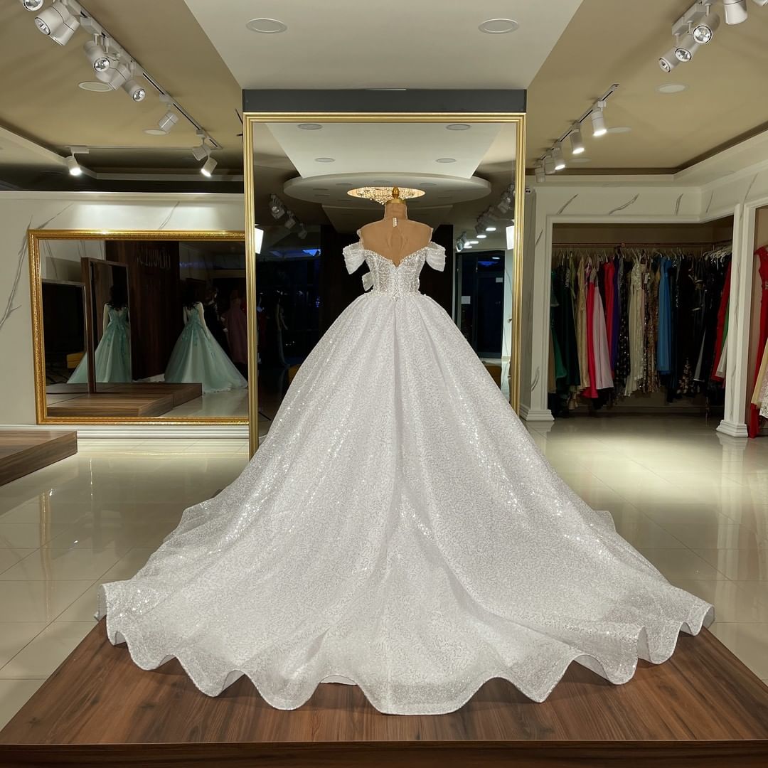 Romantic Off The Shoulder Long Ball Gown Wedding Dress With Sequins