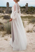 Elegant Tulle Bubble Sleeves Lace Wedding Dress For Brides Romantic Silhouette