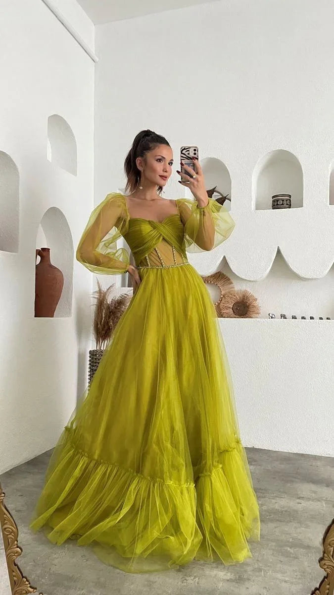 Vestido de baile de fada verde para adulto, vestido longo de baile com corpete em tule Y6148
