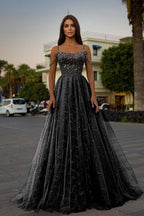 Tulle Spaghetti Strap Sleeveless A Line Prom Dress With Sequins Beads