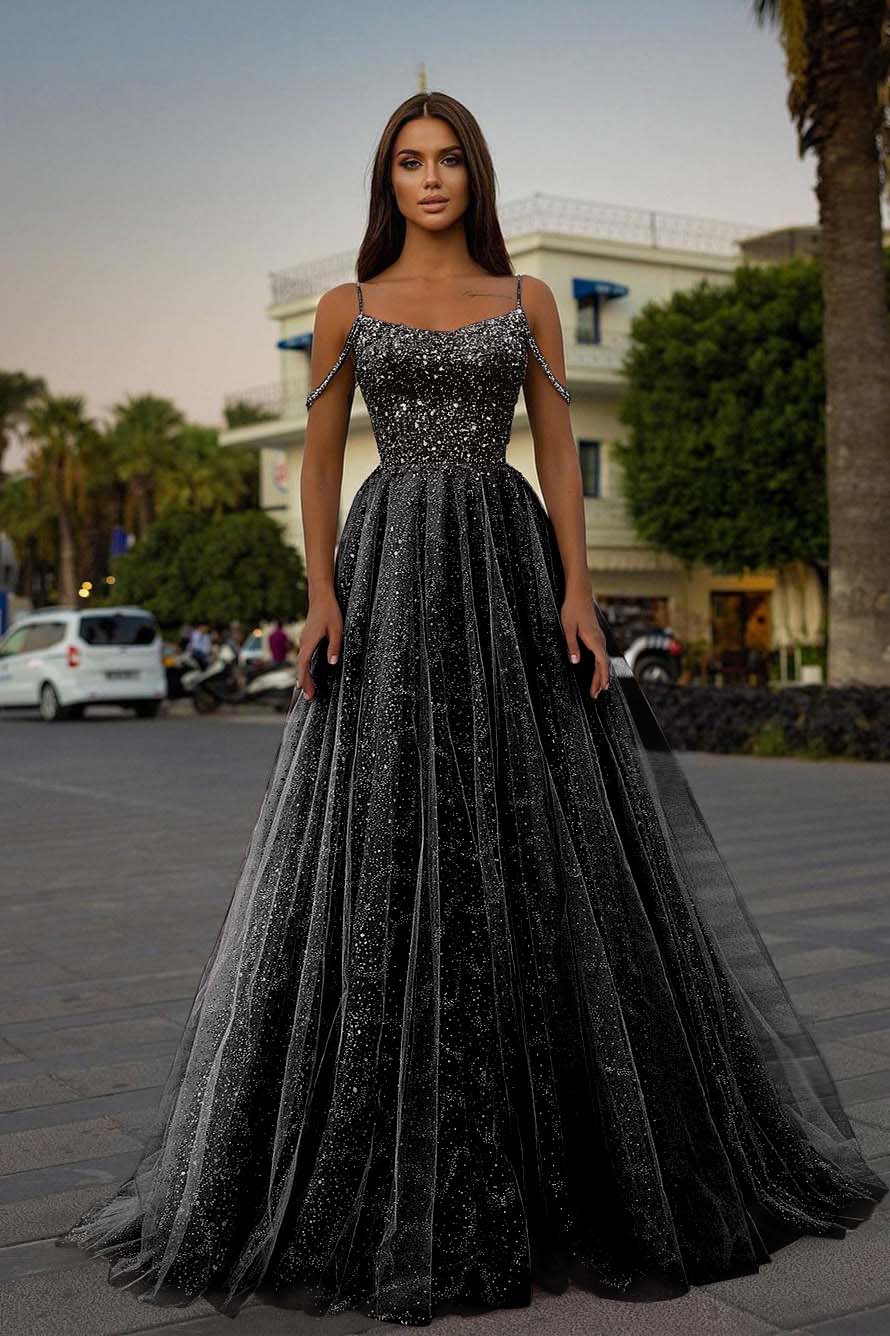 Tulle Spaghetti Strap Sleeveless A Line Prom Dress With Sequins Beads